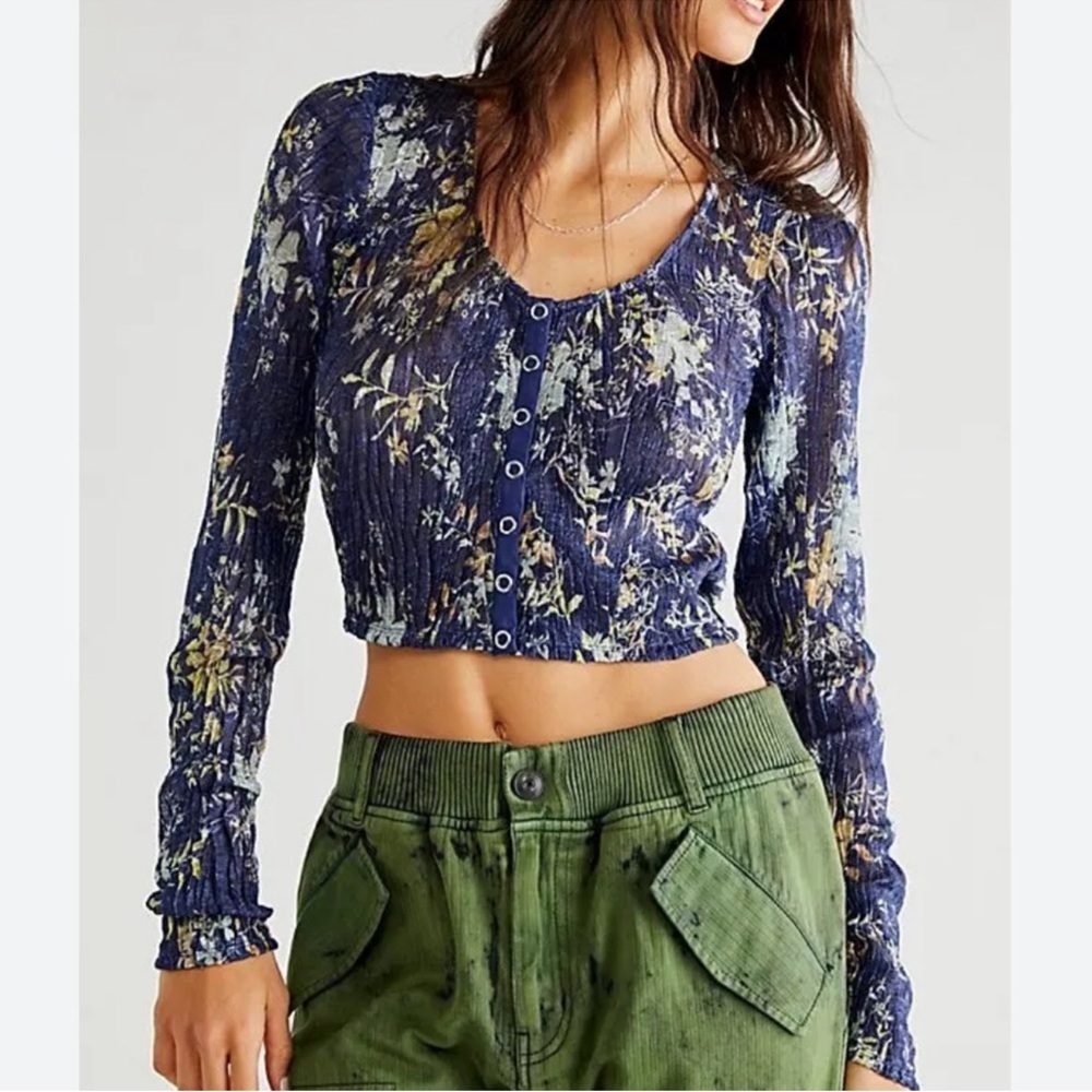 Free People We the Free Angelina Top Indigo Floral Long Sleeve